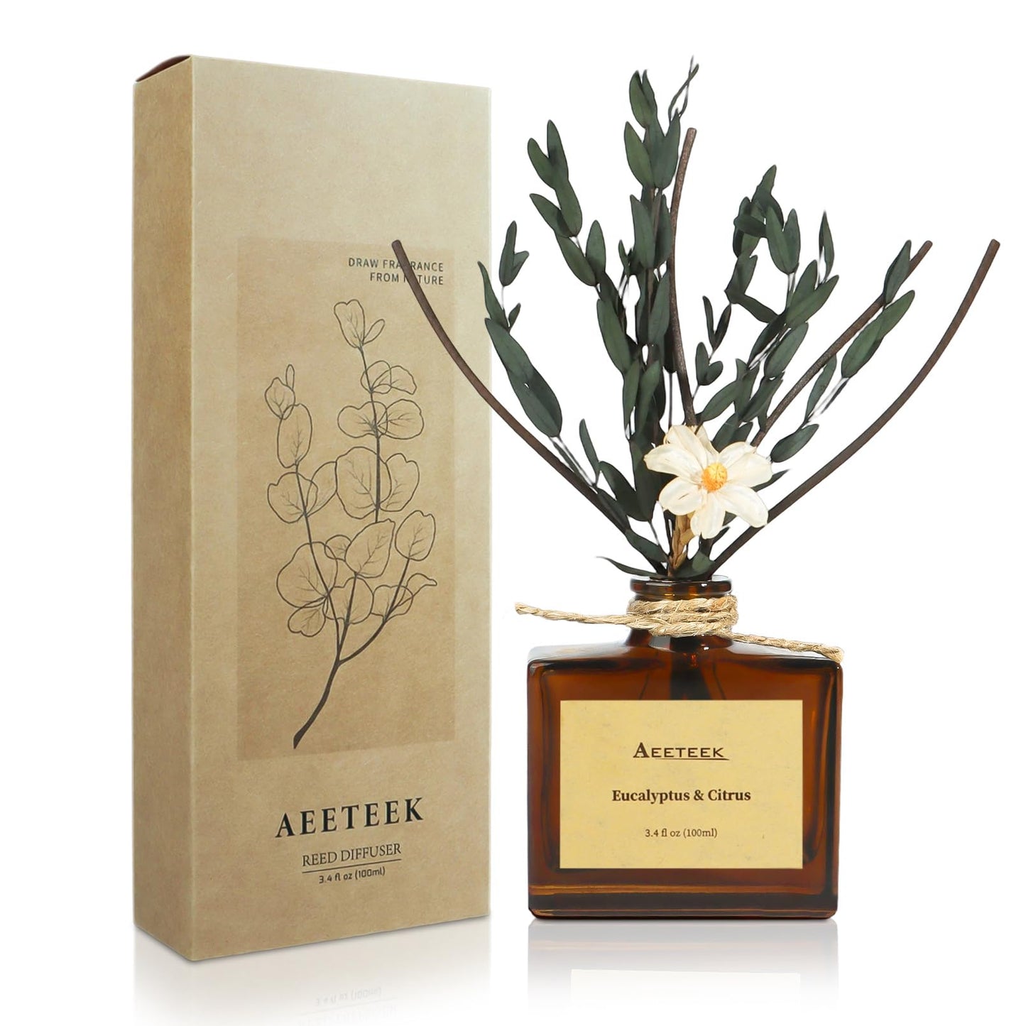 Aeeteek Reed Diffuser, Eucalyptus & Citrus Scented Oil Diffusers for Home with Dried Flowers, 3.4 Fl Oz Essential Oil Diffuser for Bathroom, Elegant Fragrance for Room Decor