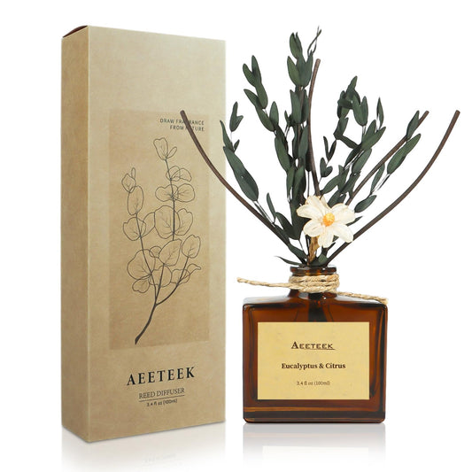 Aeeteek Reed Diffuser, Eucalyptus & Citrus Scented Oil Diffusers for Home with Dried Flowers, 3.4 Fl Oz Essential Oil Diffuser for Bathroom, Elegant Fragrance for Room Decor