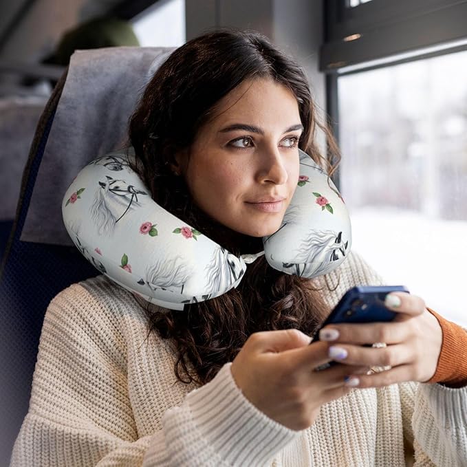 Comfortable Travel Pillow for Pain Relief Sleeping, Memory Foam Airplane Car Neck Pain Pillows Watercolor Painting White Horse, Funny Chin Head Support Cushion