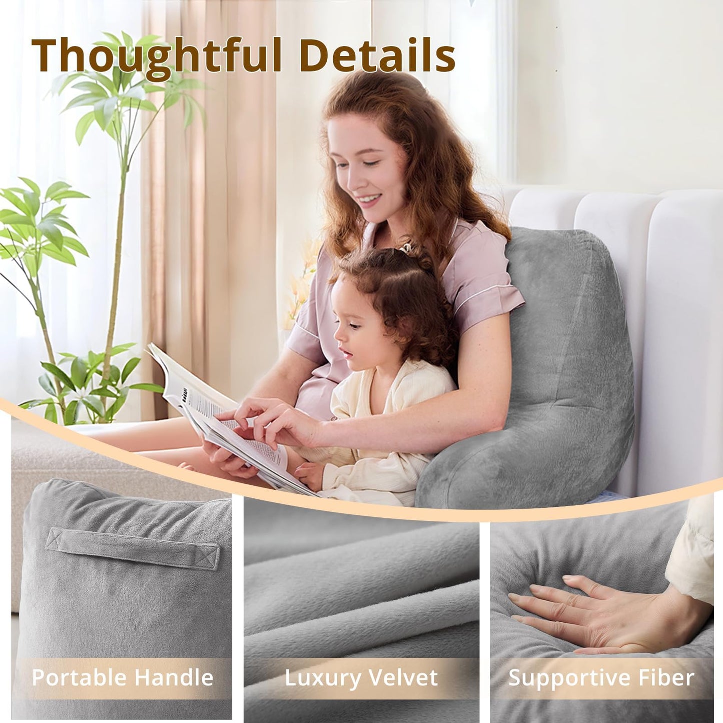 Sasttie Reading Pillows for Sitting in Bed Adult, Back Pillow Bed Sitting Up, Back-Rest Support Cushion for Sit Up on Couch, Sofa, and Floor, Dorm Essentials, Oeko-Tex Certified, Dark Grey