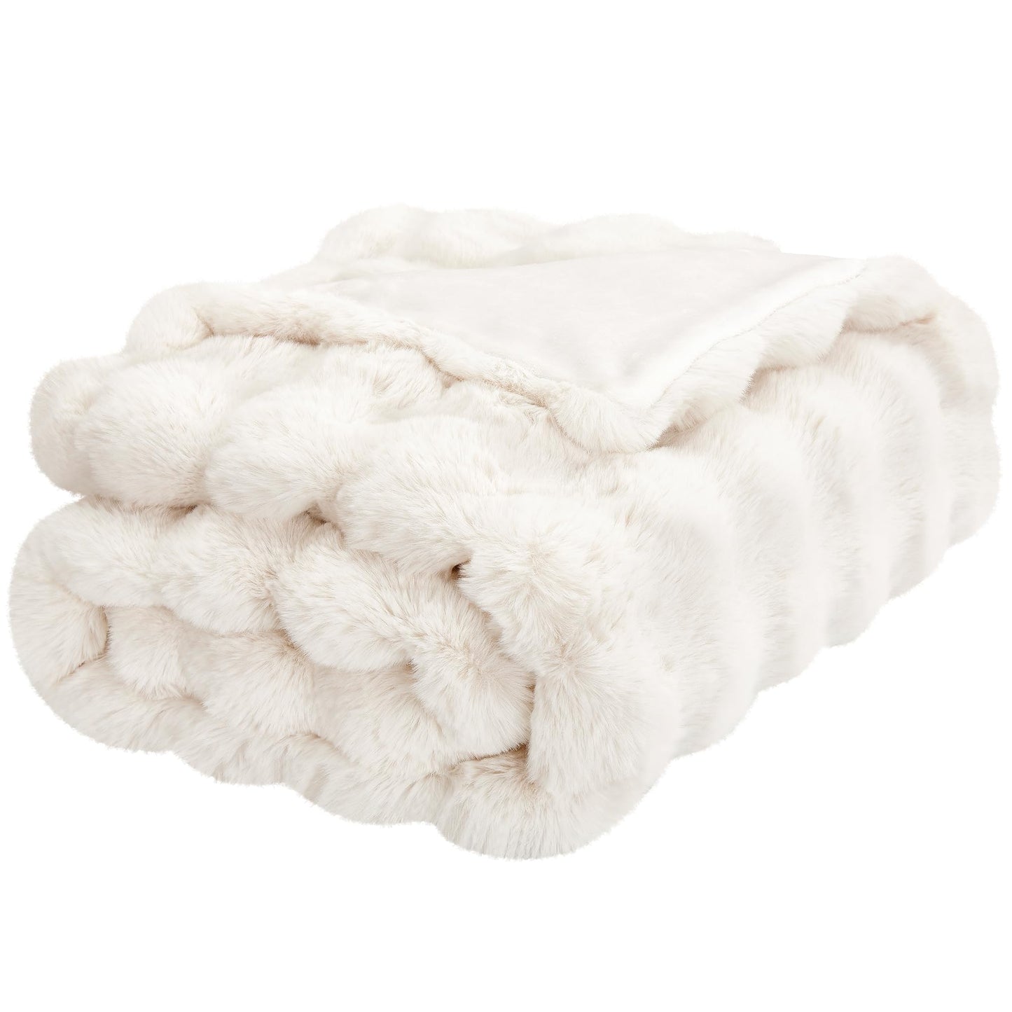 JONIYEAR Extra Large Soft Fuzzy Bubble Faux Rabbit Fur Bed Blanket Queen Size 80" x 90", Decorative Big Thick Warm Fluffy Blanket for Winter, Luxury Cute Cozy Shaggy Comfy Furry Blankets, Cream White