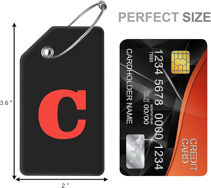 Gostwo 2 Pack Silicone Luggage Tags for Suitcases, 26 Initial Letter Baggage Labels Handbag School Bag Suitcase Instrument Tag with Stainless Steel Loop(Black)(Letter C)