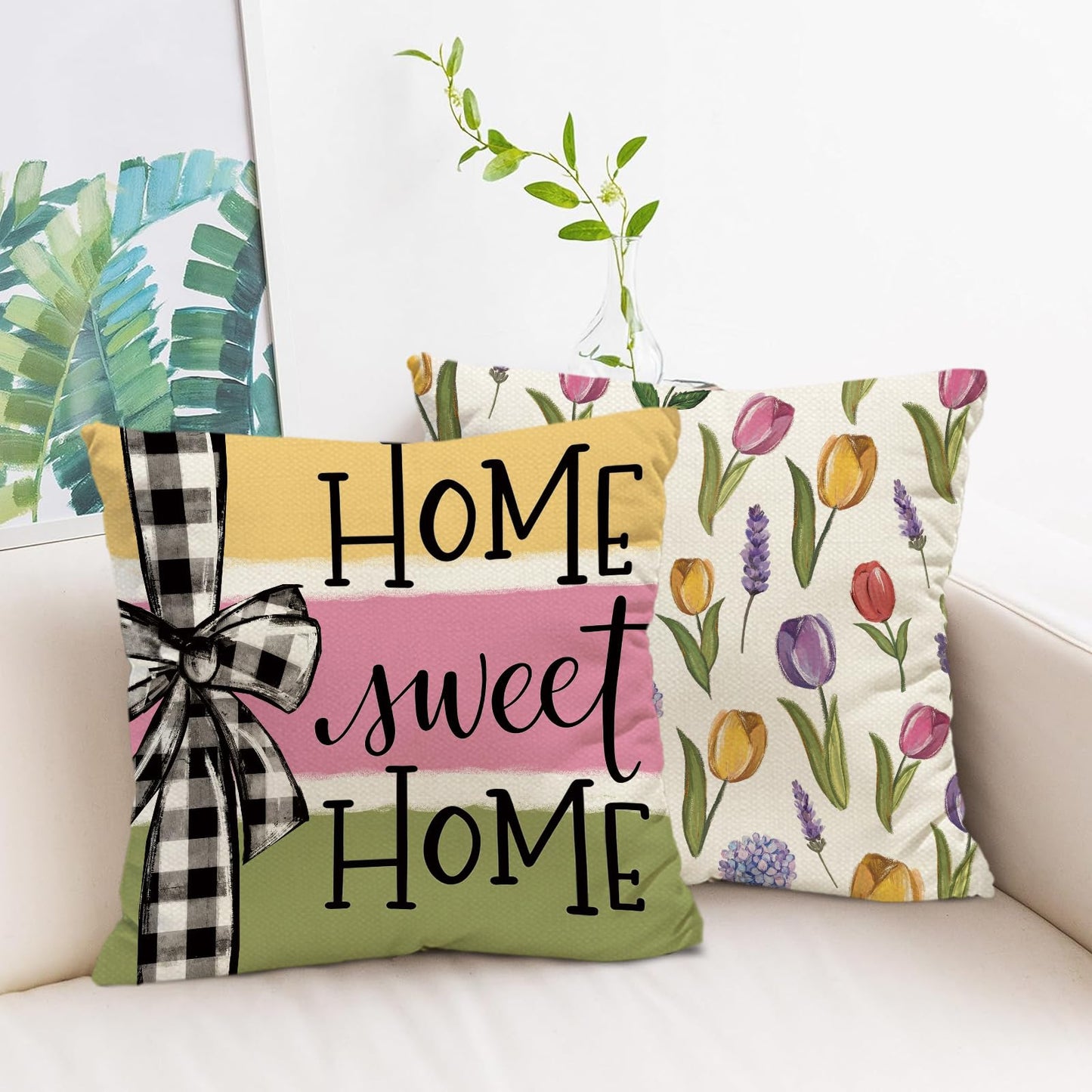 Tikeciti Spring Summer Tulips Pillow Covers Home Sweet Home 18 x 18 Inch Throw Pillows, Hydrangea Floral Farmhouse Seasonal Outdoor Indoor Decorative for Cushion Case Sofa Couch Set of 4