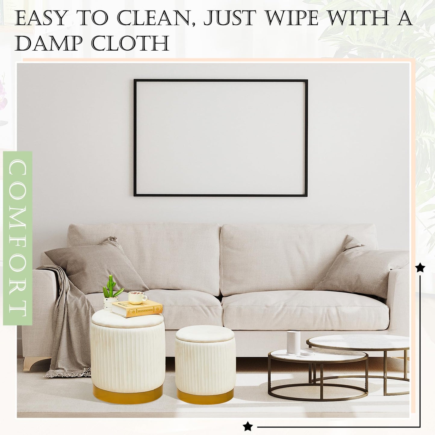 Barydat 2 Pcs Round Ottoman with Storage White Velvet Storage Ottoman Stool with Removable Lid Gold Base for Dorm Living Room Bedroom