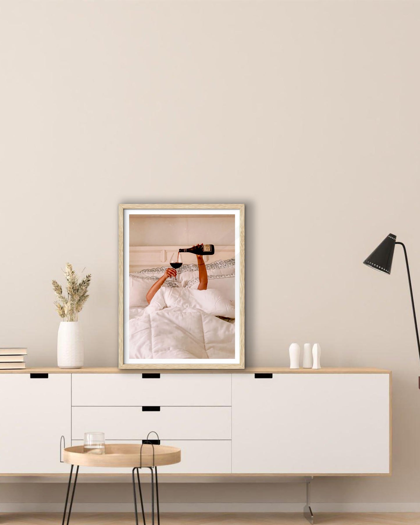 EcoHest 12x16 in Woman Drinking Wine in Bed Framed Wall Art for Bedroom