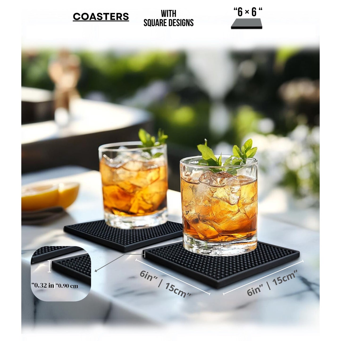 Silicone Coasters Set - 6 Pack - 6 Inch Square Drink Coasters for Coffee Table & Desk - Absorbent & Anti-Slip - Outdoor & Indoor Use