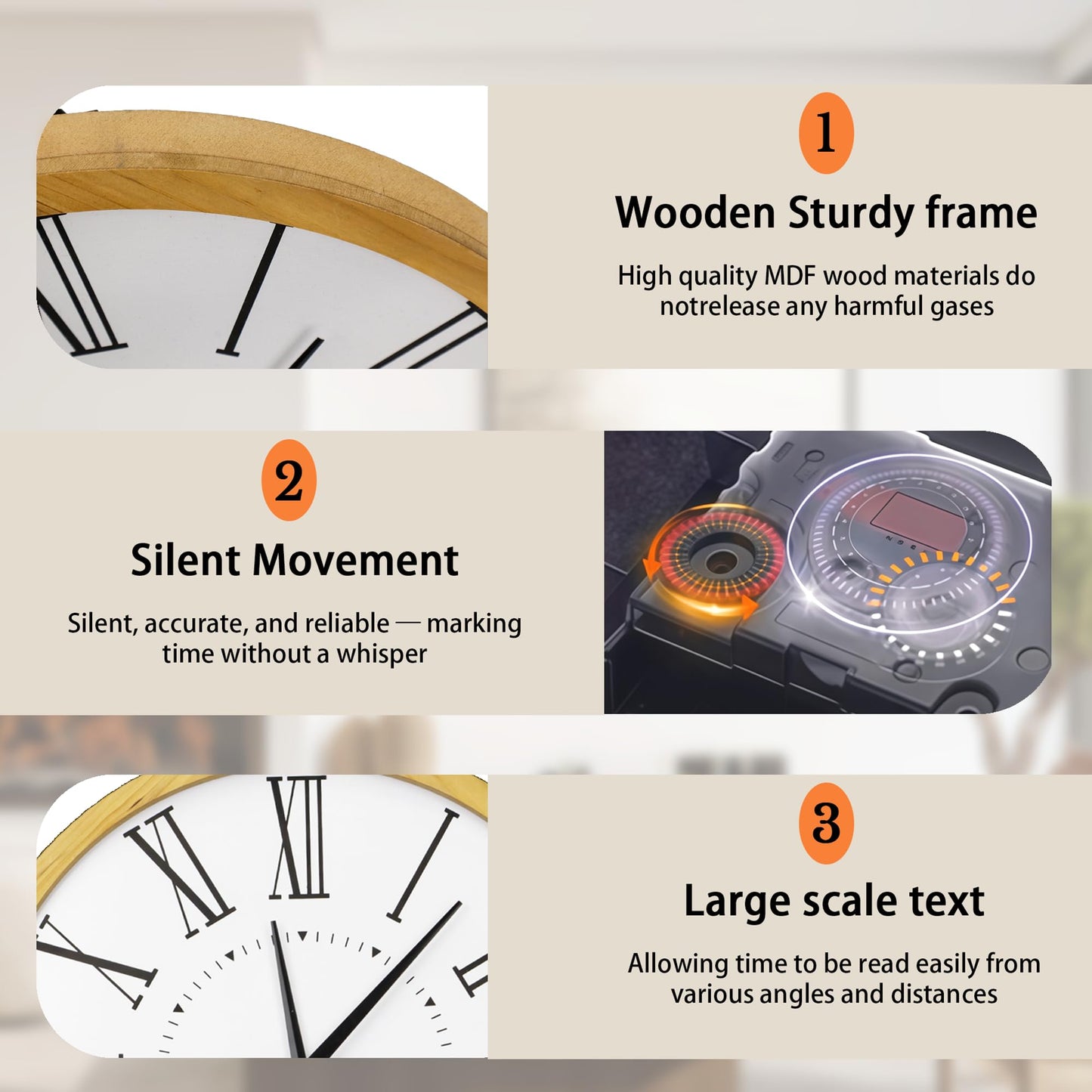 INTERHOMART Farmhouse Silent 16" Wall Clock Battery Operate,Wooden Non Ticking Sweep Movement, Large Farmhouse Wall Clock for Kitchen, Bedroom, Home Office, Living Room Decor, Roman Numerals