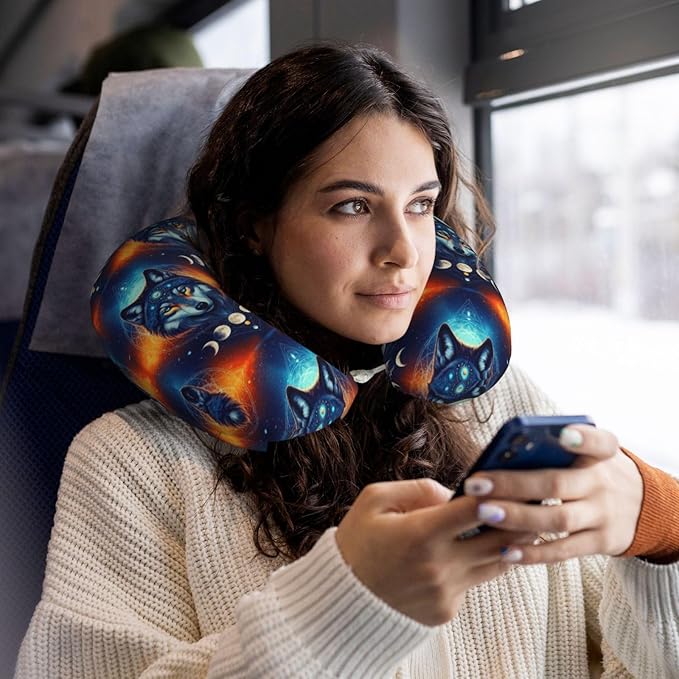 Unique Travel U Shaped Pillows Galaxy Wolf Night Sky Space Moon for Airplanes Car Flight, Comfortable Chin Head Neck Cushion Supporting, Polyester Removable Cover