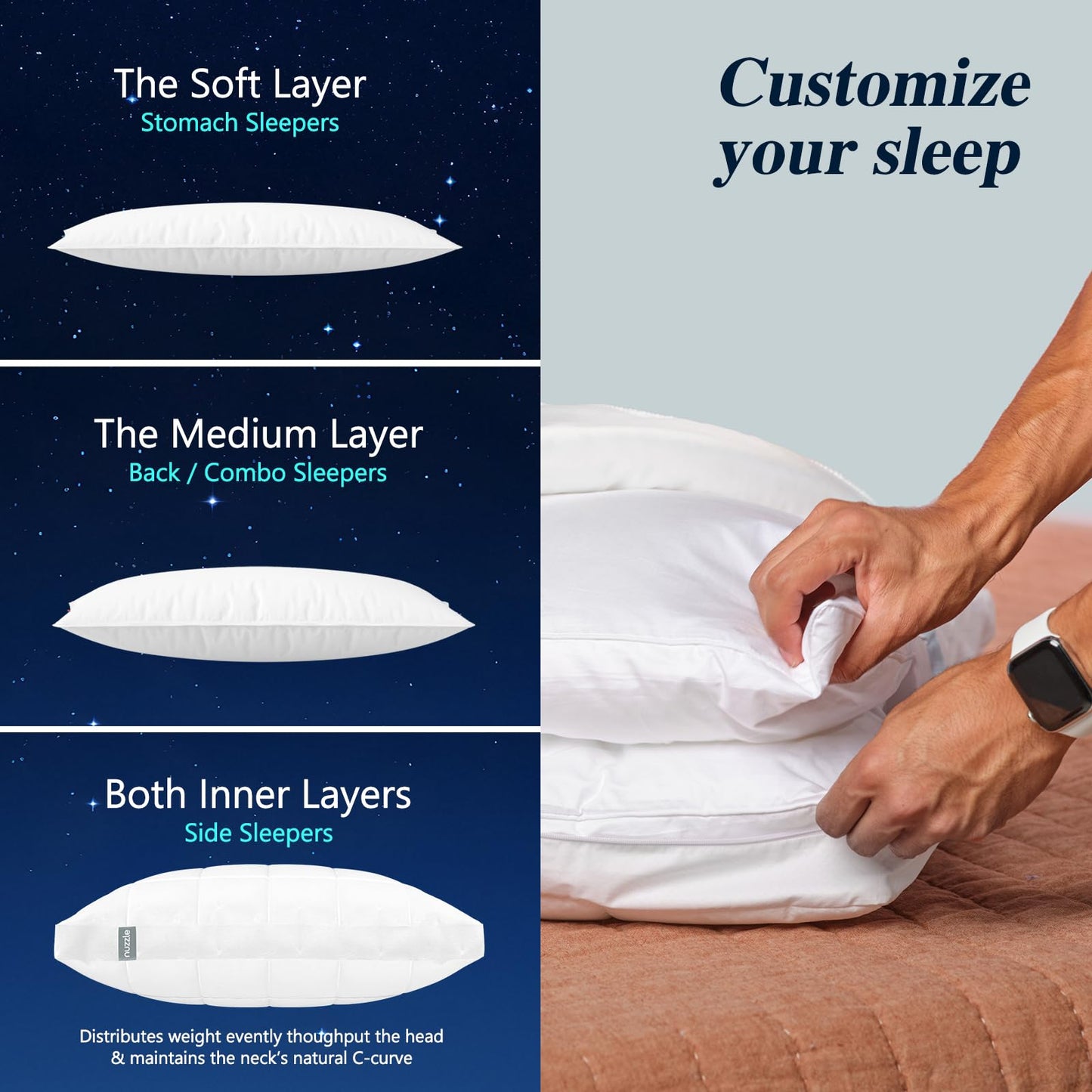 Nuzzle Cooling Adjustable Pillow for Side Sleepers,Standard Size Bed Pillow 4 Pack – Hotel Luxury Neck Support, Height Adjust Soft Sleeping Pillow for Back, Stomach or Side Sleepers-Home Gift