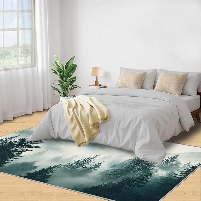 Misty Forest 5x8 Area Rug Natural Landscape Washable Rugs for Living Room Bedroom, Green Woods Soft Low Pile Non Slip Accent Floor Mat Print Throw Rug Indoor Carpet Dining Room Playroom