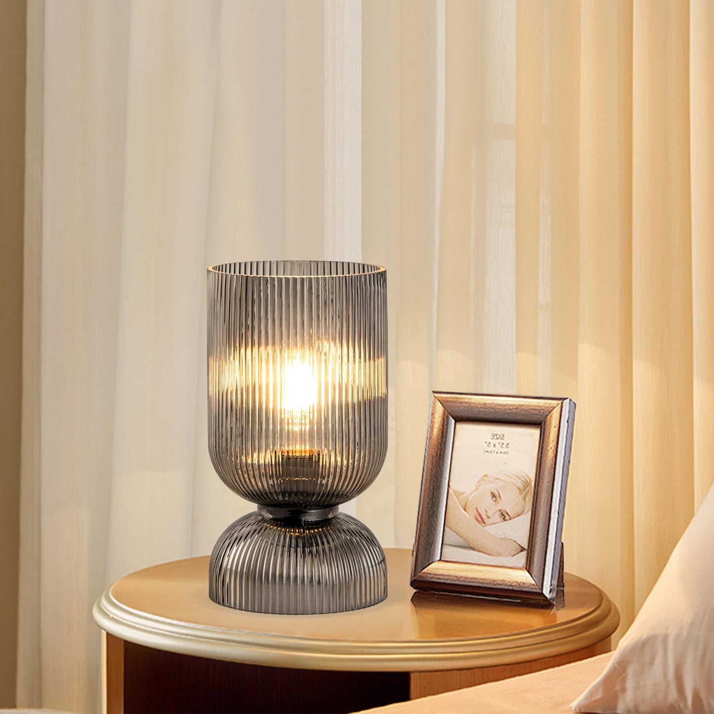 Gmrhndy Modern Table Lamp,Glass Mid Century Lamp with Smoky Gray Glass Shade, Bedside Lamp with On/Off Switch, Minimalist Nightstand Lamp for Bedroom, Living Room, Office (Bulb not Included)
