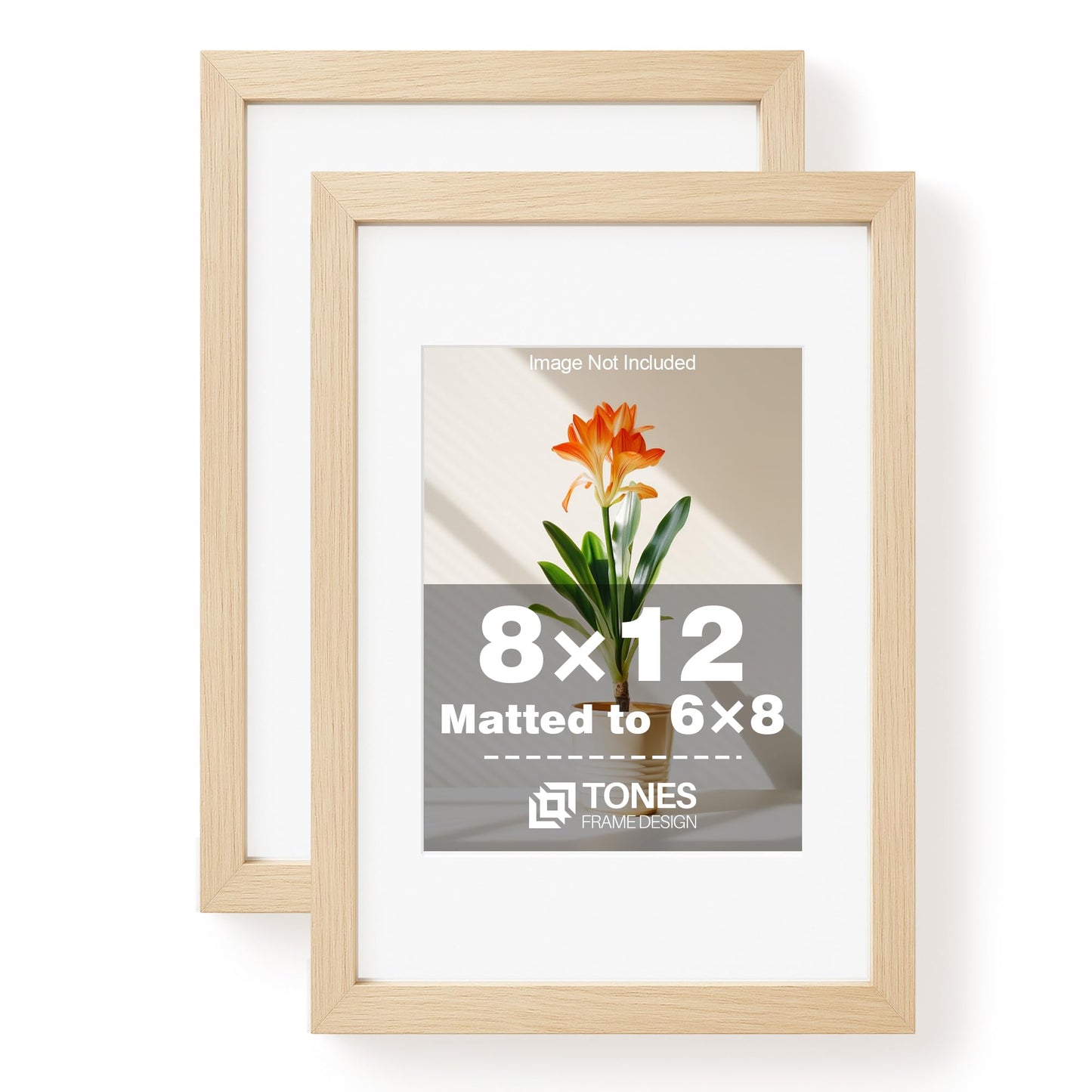 TONES FRAME DESIGN 8x12 Picture Frame Set of 2 Natural Solid Wood Veneer Finish 8x12 frame Matted to 6x8 Photo Frames with Shatterproof Plexiglass Wooden 8 by 12 Poster Frame for Gallery Home Decor, 2 Pack