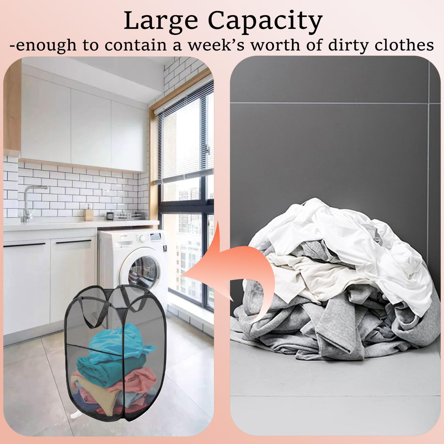 Aplter Pack of 2 Pop Up Laundry Hamper Collapsible Laundry Baskets Black Mesh Laundry Baskets with Portable Handle, Side Pocket for Bedroom, Nursery Room, Travel, Cruise