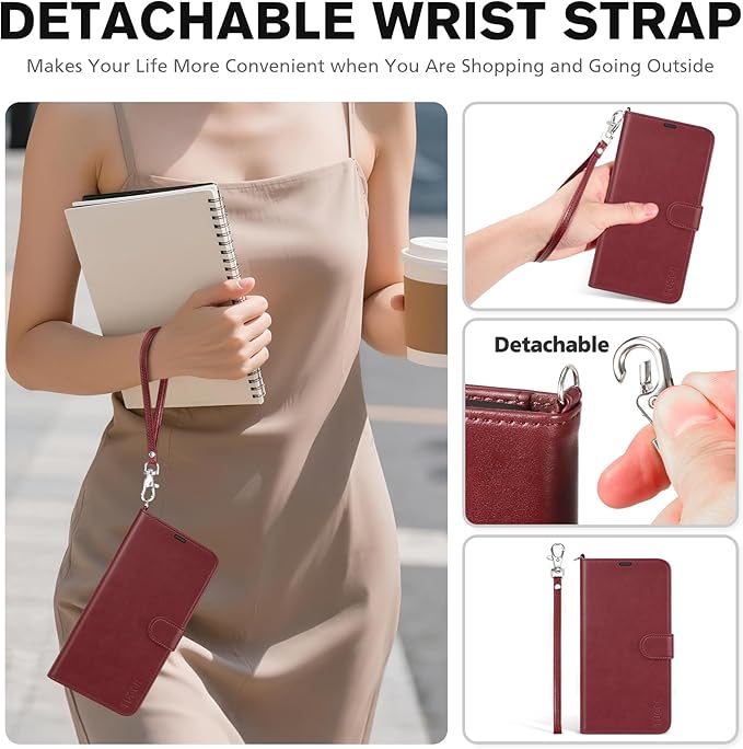 TUCCH Case Wallet for iPhone 17 (6.3-Inch) 2025, Wrist Strap | Stand | RFID Blocking | 4 Card Holders | TPU Shockproof Inner Shell | PU Leather | Magnetic Folio Cover | Dark Red