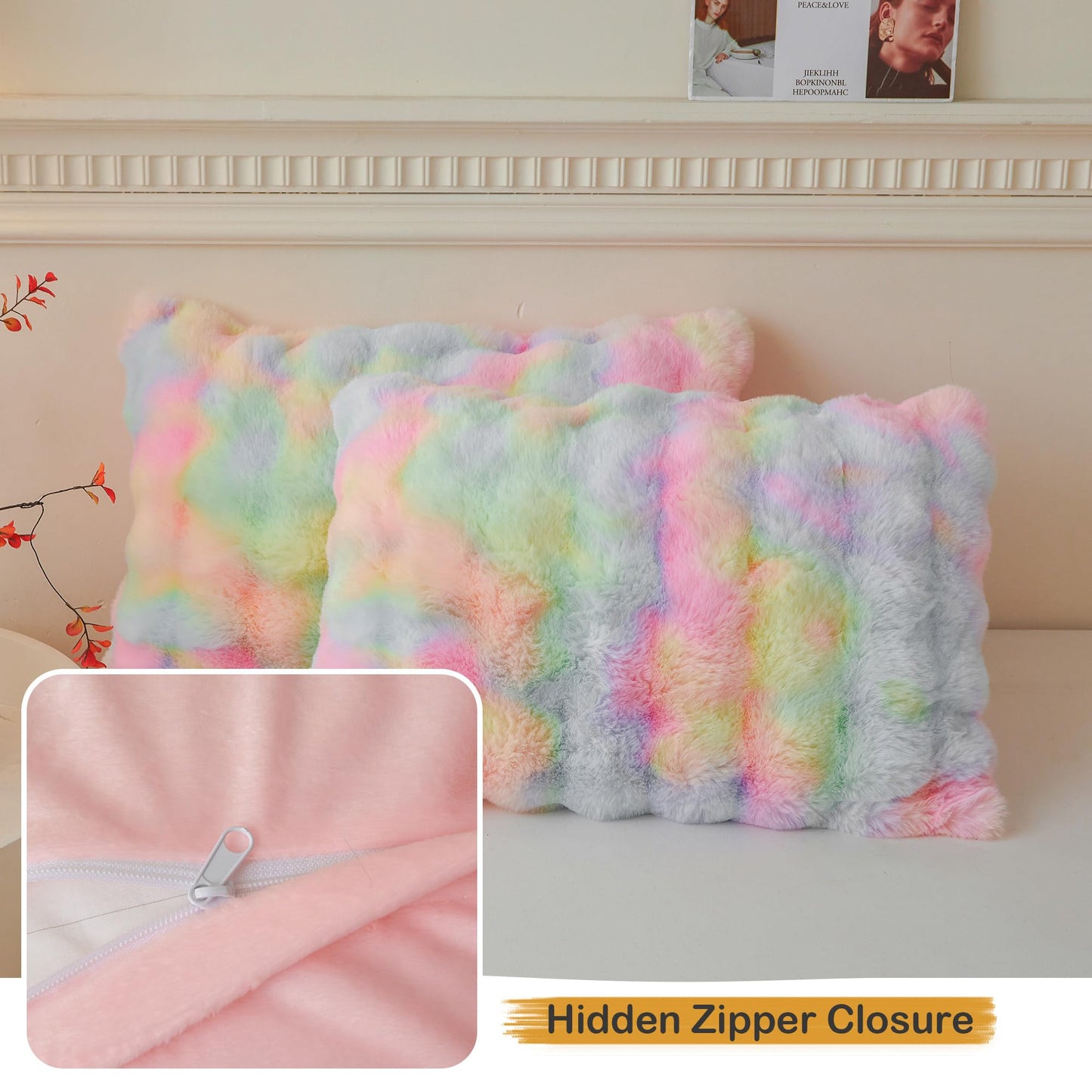 LIFEREVO 2 Pieces Fluffy Faux Rabbit Fur Pillow Cases, Luxury Soft Plush Shaggy Bubble Pillowcases Standard Size with Zipper, Furry Fuzzy Long Pillow Shams for Adult Girls Kids Teens 20x26, Rainbow
