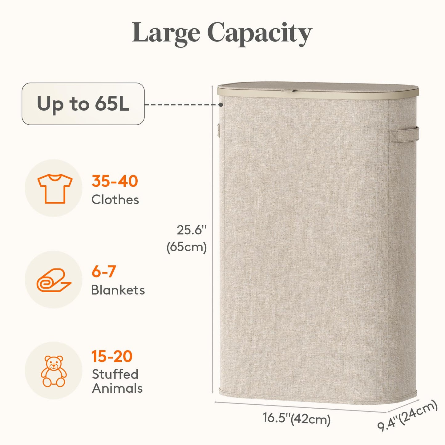 Lifewit Slim Laundry Basket with Lid, Narrow Laundry Hamper with Plastic Handles and Removable Bag, Tall Foldable Dirty Clothes Hampers for Laundry Room, Bedroom, Bathroom, Dorm, 65L Beige