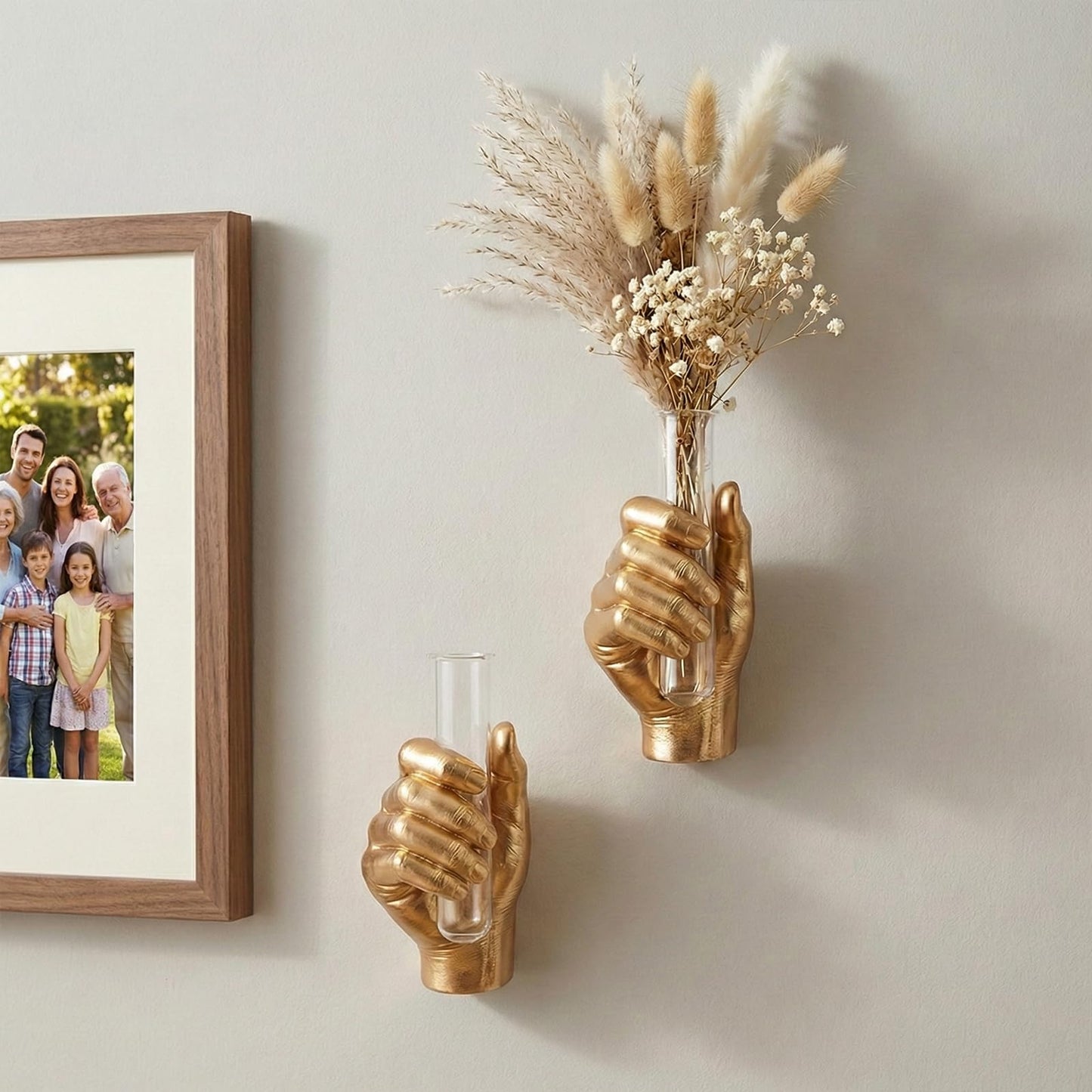 Gold Wall Art Decor Hand Vase, Unique 3D Wall Sculptures Mount Vases for Flowers, Contemporary Gallery Art Whimsical Home Indoor Outdoor Decor Accent, Dimensional Hand Sculpture, Glass Test Tube