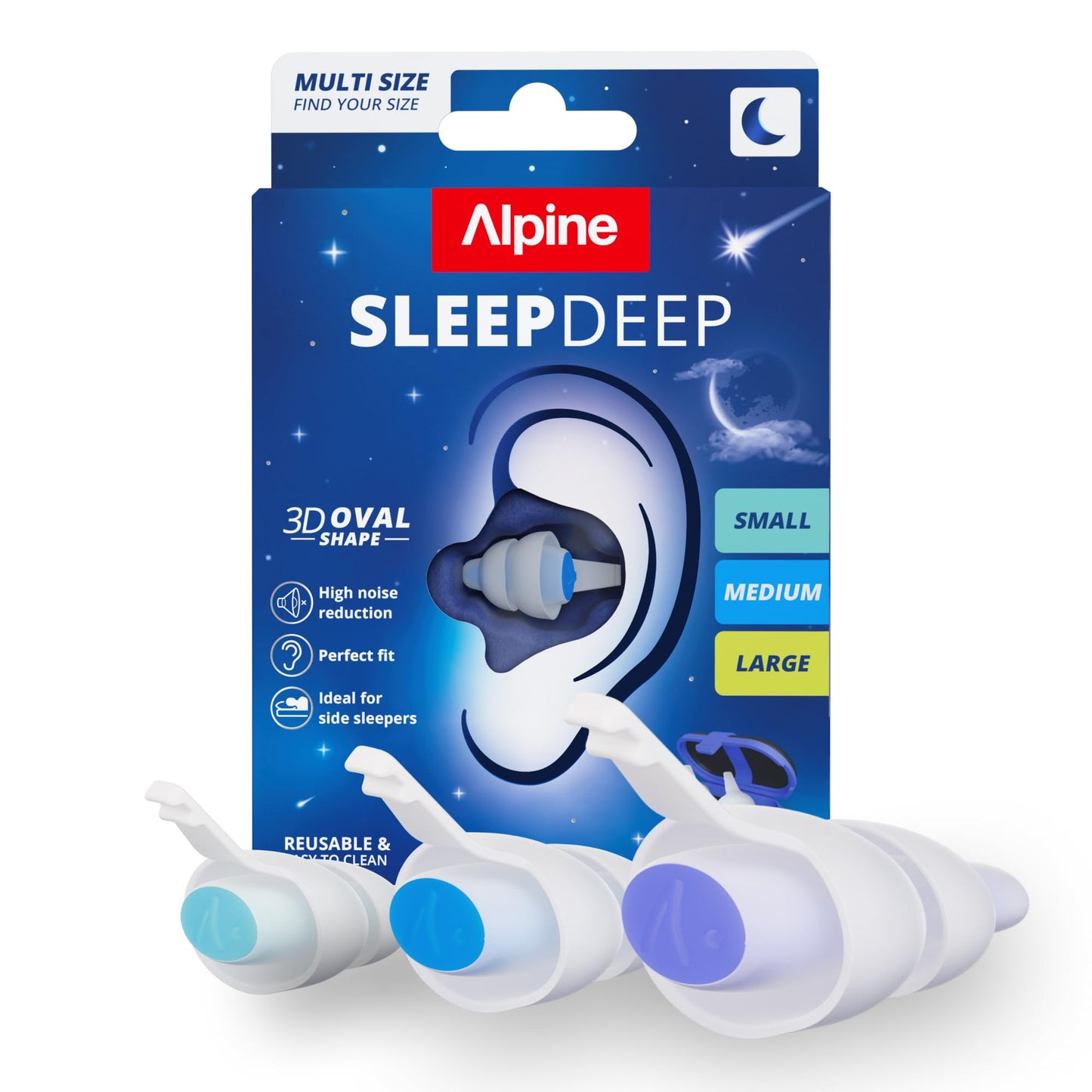 Alpine SleepDeep Earplugs for Sleeping – Side Sleepers & Snoring – Ultra-Soft Noise Reducing Earplugs – 27dB SNR – Hypoallergenic, Silicone-Free – 3 Pairs (S, M, L)