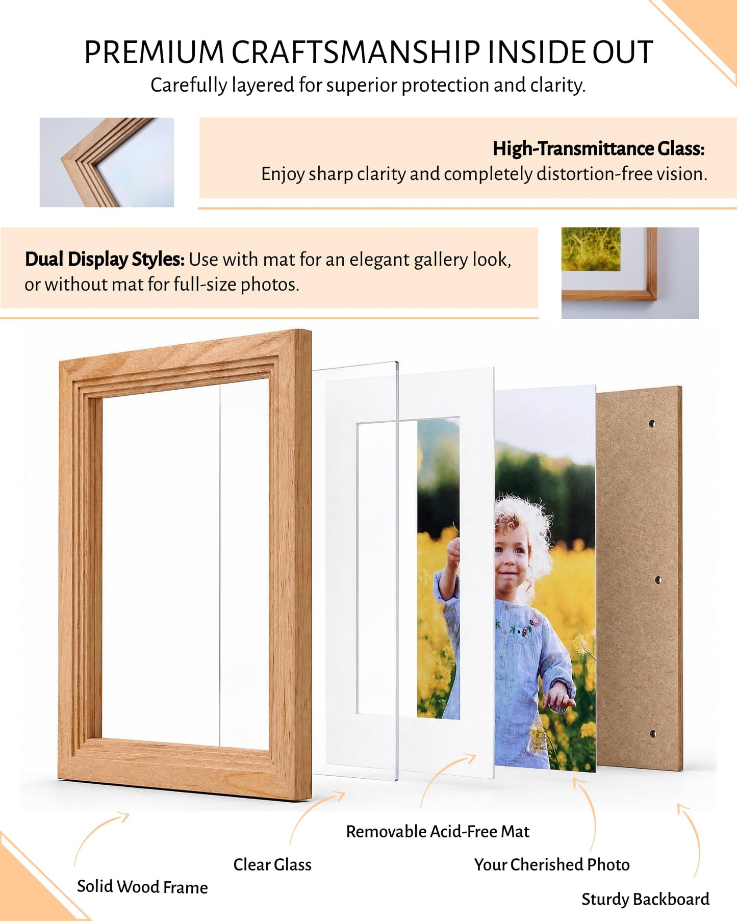 Exper City 5x7 Wooden Picture Frame, Displays 5x7 Without Mat or 4x6 With Mat, Solid Wood Colorful Photo Frame for Wall Tabletop, Real Glass, Rustic Stepped Edge, 2 Pack, Wood