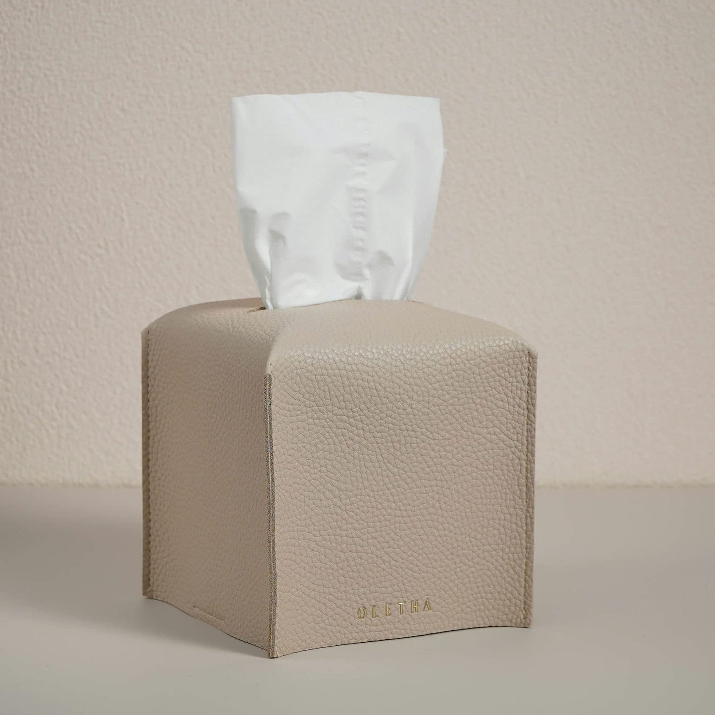 OLETHA Square Tissue Box Cover - Aesthetic Desk Decor for Room, Home & Office - Tissues Cube Boxes Holder - Light Taupe, Set of 2