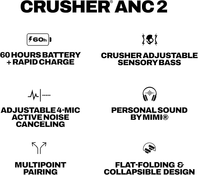 Skullcandy Crusher ANC 2 Wireless Over-Ear Bluetooth Headphones with Multi-Sensory Bass, Active Noise Cancelling, Up to 60 Hours Battery, Microphone for iPhone Android - Drab
