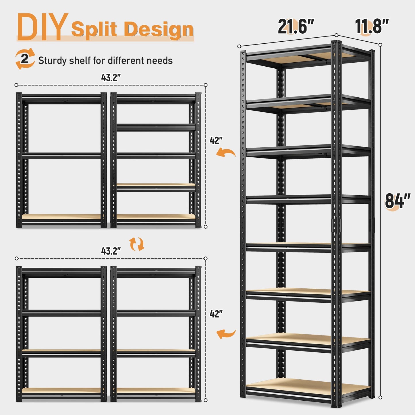 DurayLoly 8 Tier Storage Shelves Adjustable Metal Shelving Unit Load 3200 LBS,Garage Shelving Heavy Duty Shelves and Divisible, Storage Rack for Laundry Room, Pantry, Kitchen, Closet,Shelf,84" H