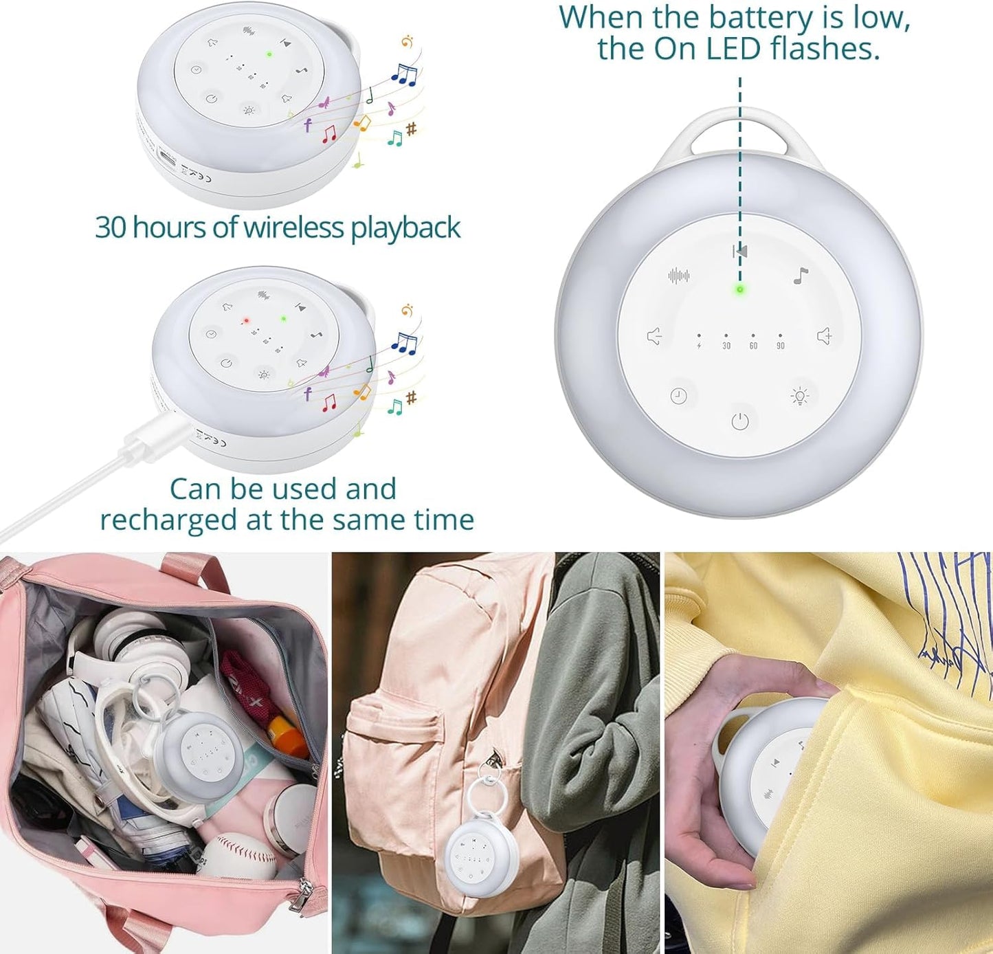 YGiTK Portable White Noise Machine for Baby & Adults, 24 Soothing Sounds Sleep Sound Machine with Night Light, Timer & Memory Function, USB Rechargeable Portable Sound Machine for Travel Home Office