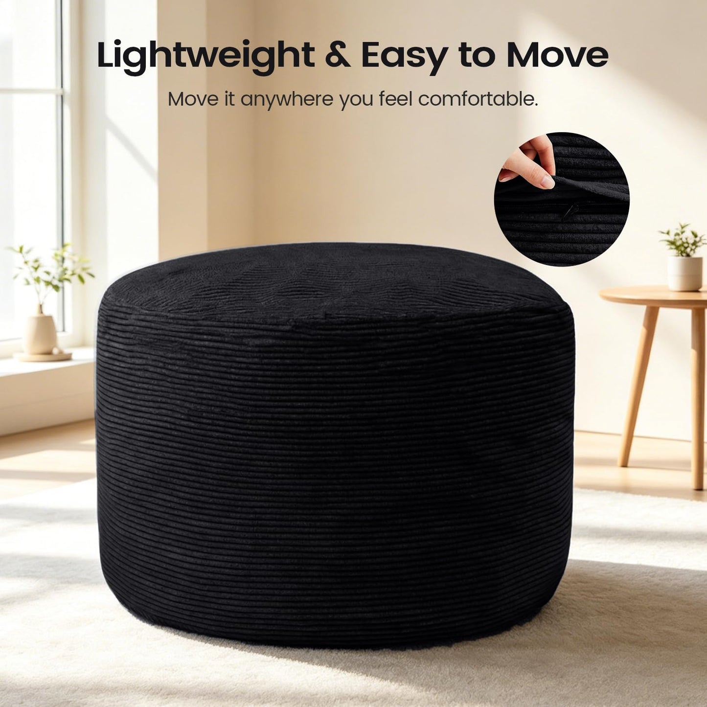 Yagamo Large Bean Bag Chairs for Adults, 4FT Memory Foam Bean Bag, Bean Bag Chairs with Removable Striped Plush Cover, Cozy Beanbags for Living Room Bedroom Dorm and Office- Black