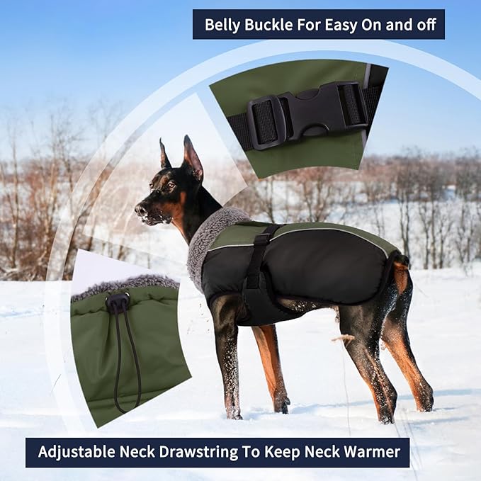 IECOii Extra Warm Reflective Dog Jacket Winter Coat with Buckle - Fleece Turtleneck for Small to Extra Large Dogs in Cold Weather