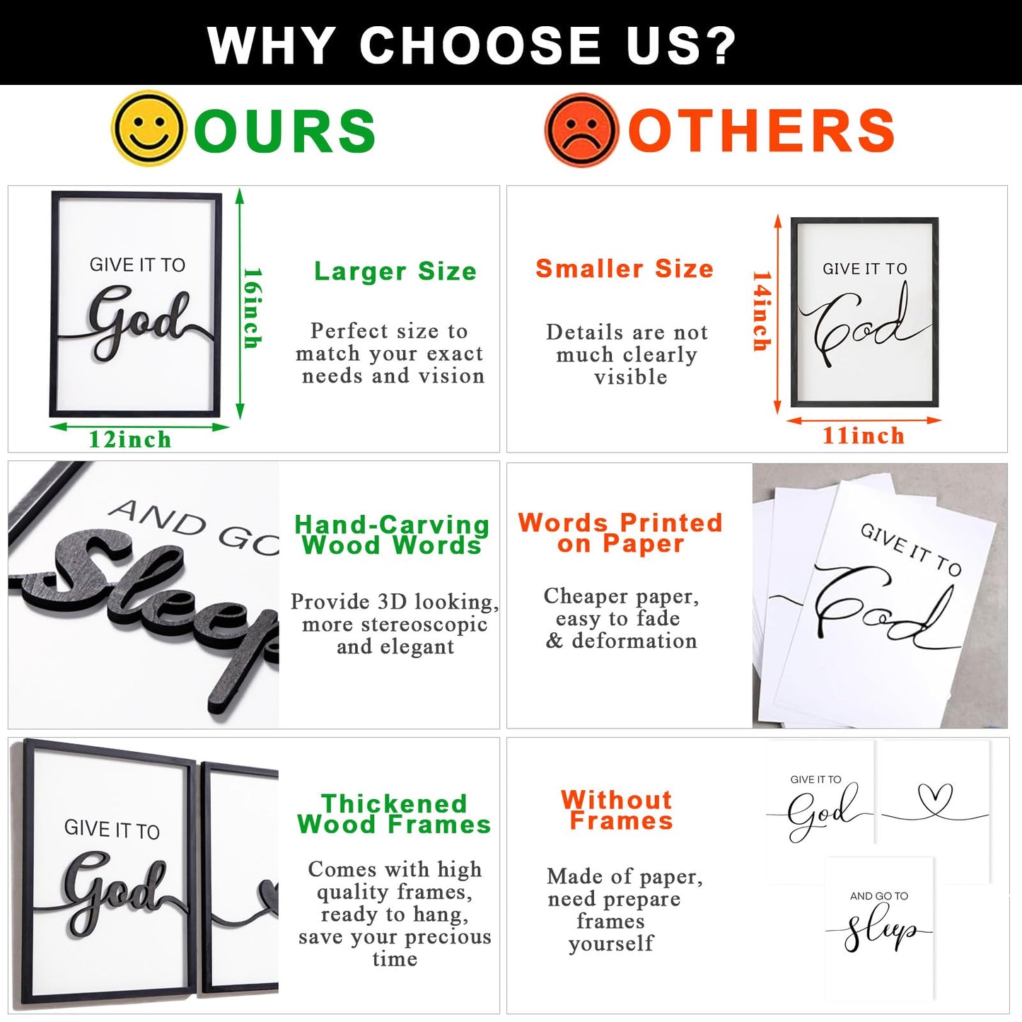 3D Wood Give it to God and Go to Sleep Signs 36x16”, Above Bed Wall Decors, Black And White 3D Bedroom Wall Art (12x16 inches, Set of 3, Framed)