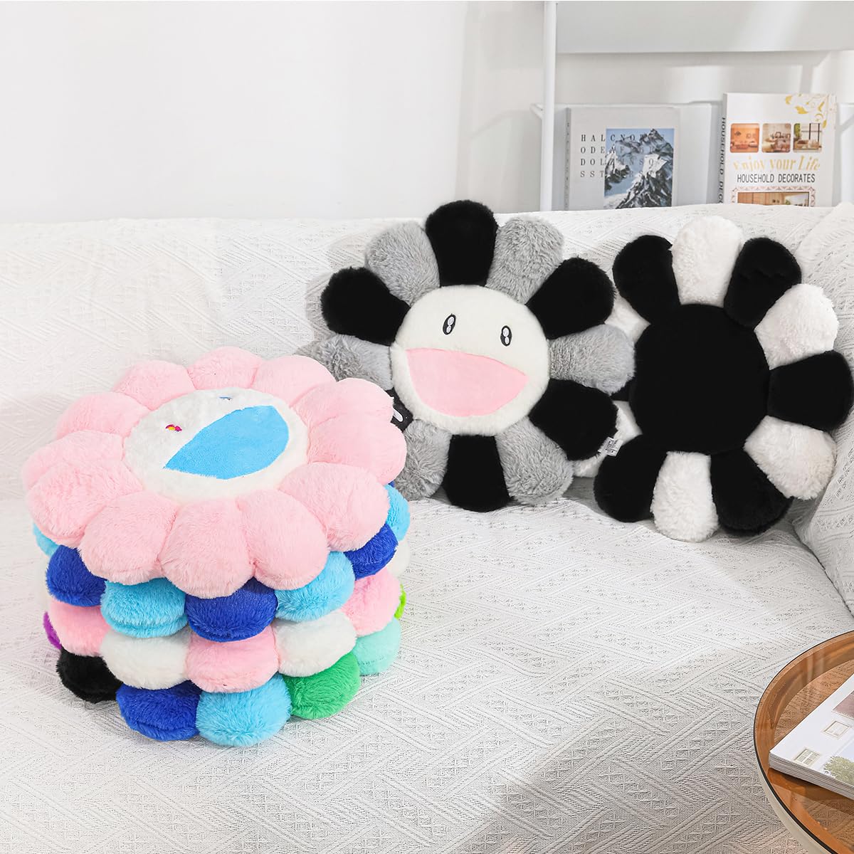 2 Pcs Smiley Face Flower Pillow for Room Decor