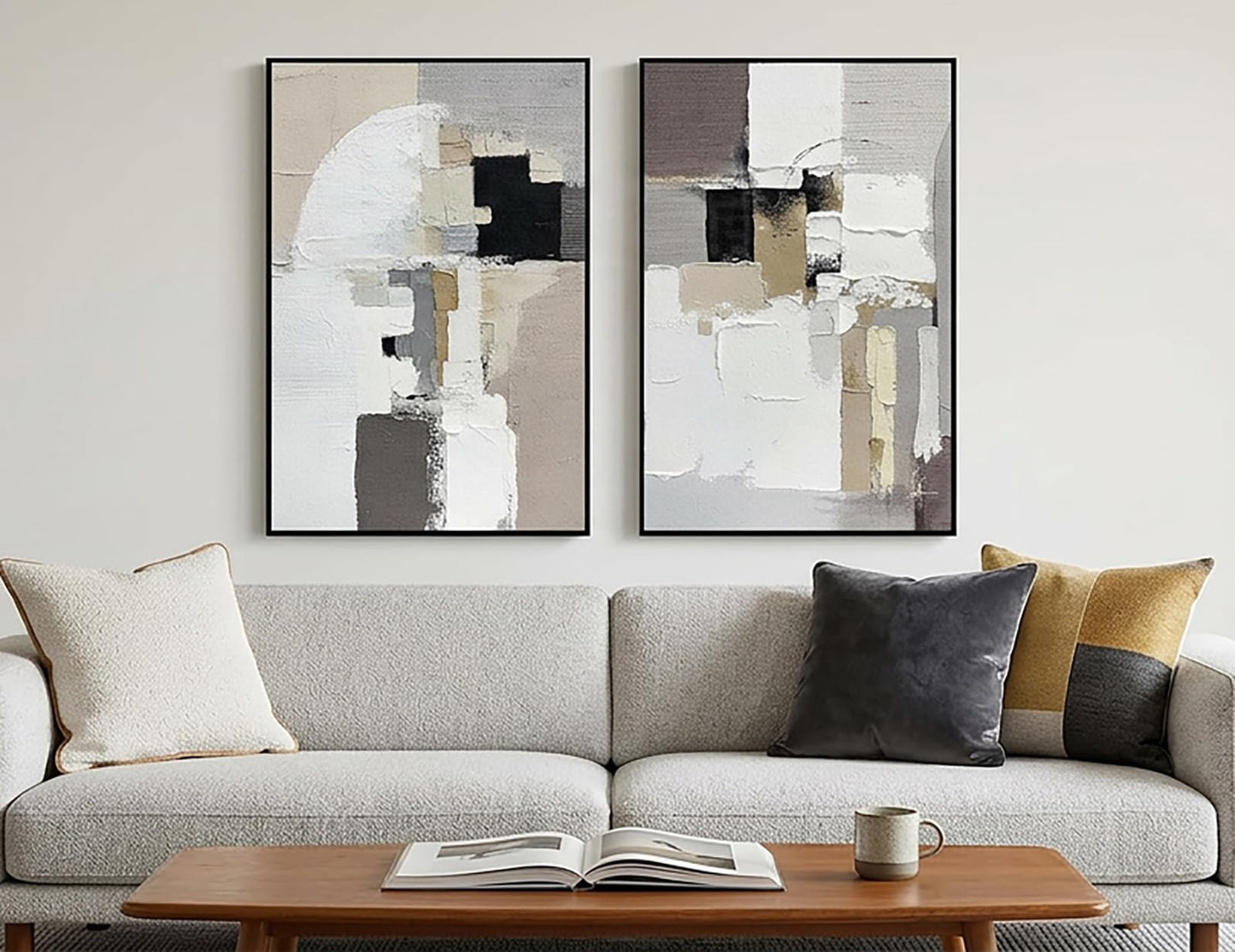 SAFERRYHOME Neutral Abstract Hand Painted Wall Art, 3D Textured Minimalist Framed Canvas Wall Decor, Large Modern Geometric Painting Artwork for Home Office Living Room, 24"x36"x2