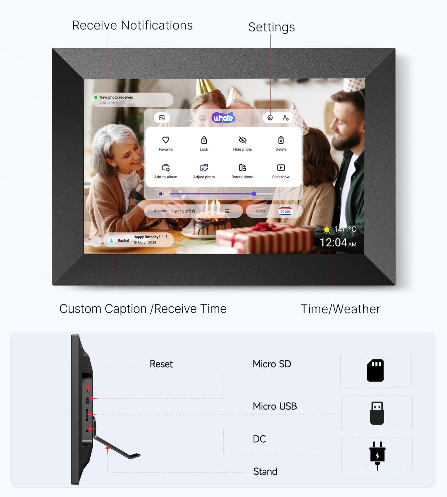 Uhale 10.1" Digital Picture Frame with 32GB Storage Support SD Card, Electronic Photo Frames with 1280x800 HD IPS Touch Screen, Instantly and Securely Share Memories, Send Wishes from Anywhere