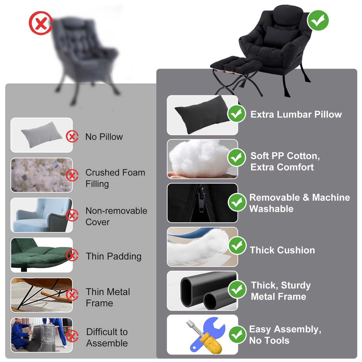 DreamNook Lazy Chair with Ottoman, Modern Accent Chair with Lumbar Pillow, Black Sofa, Armchairs with Folding Footrest, Oversized Supportive Chairs for Bedroom, Reading