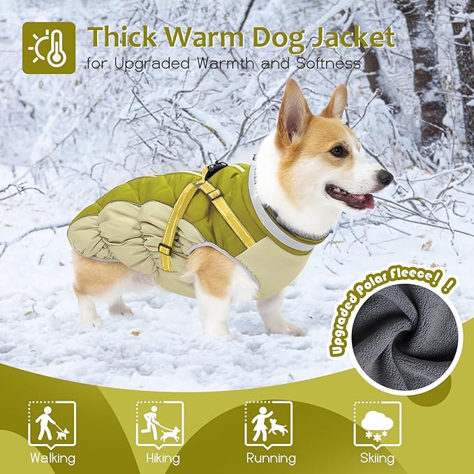 Abuandi Dog Winter Coat with Harness, Dog Jacket, Pet Clothes with Zipper on Back, Waterproof Windproof Warm Vest, Reflective Cold Weather Coats, for Small Medium Large Dogs, Thick, Green, 2XL