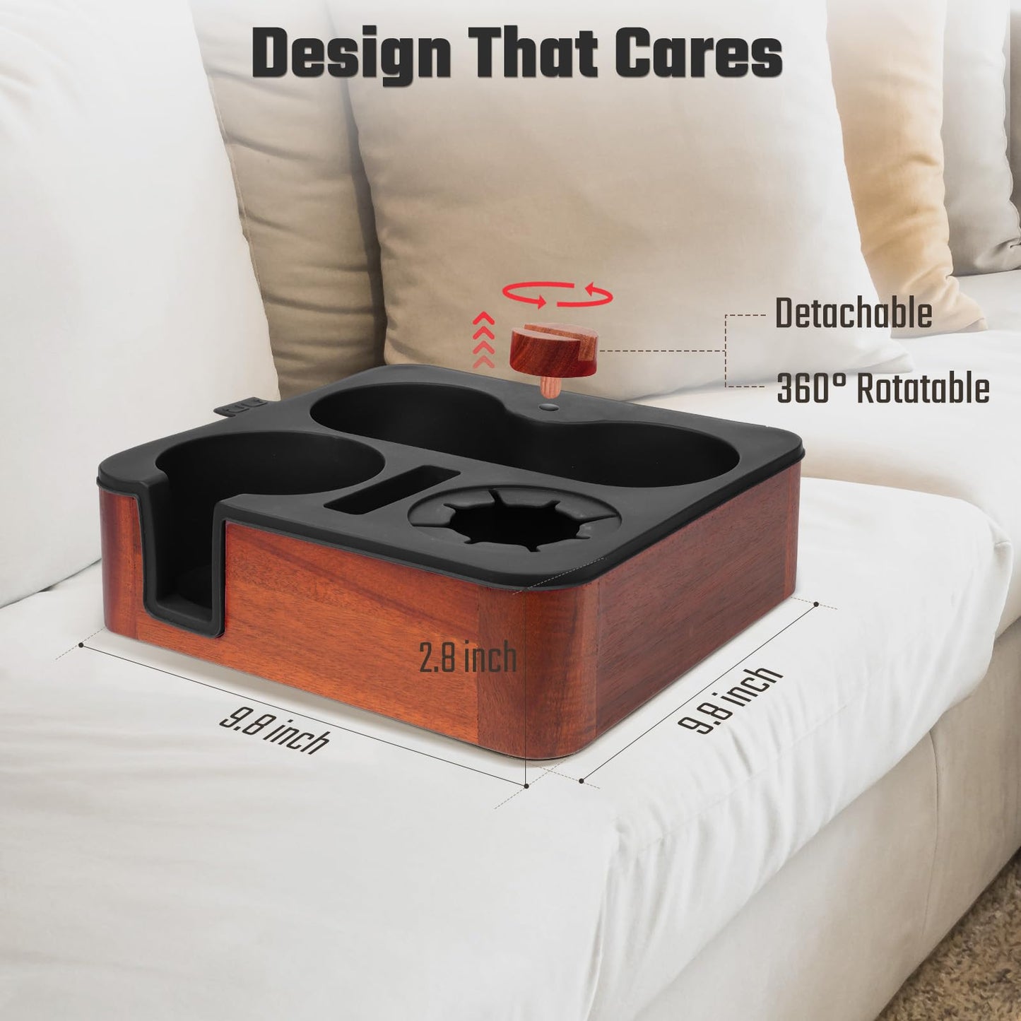 Couch Buddy Couch Cup Holder Tray, Real Acacia Wooden Caddy with Soft Silicone, Snack and Drink Organizer- Perfect Movie Night Accessories for Bed, Remote and Cup Holders for Sofa (Black)