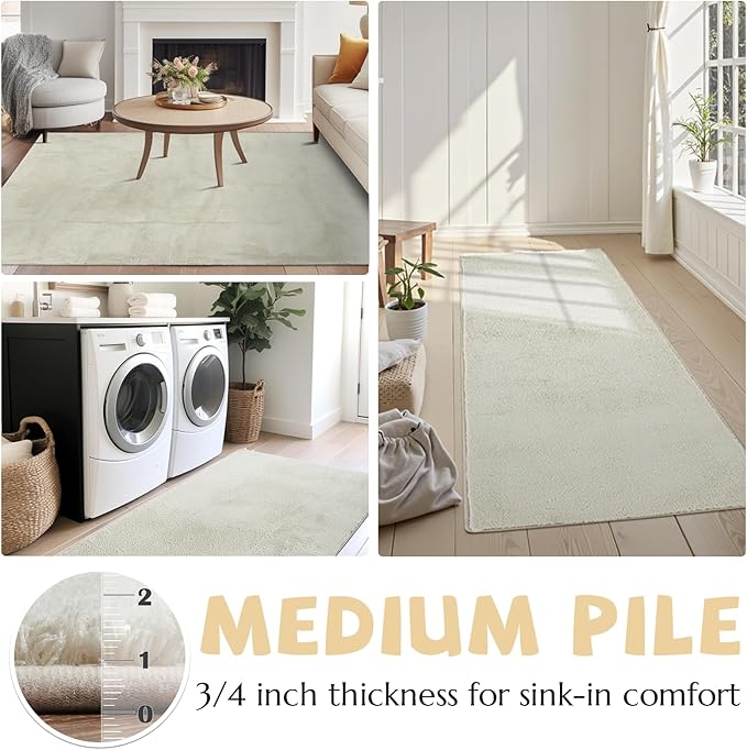 jinchan Solid Plush Runner Rug 2x6 Performance Shaggy Washable Hallway Rug Soft Modern Faux Wool Cozy Non Slip Carpet for Bedroom Laundry Room Living Room Kids Nursery Ivory