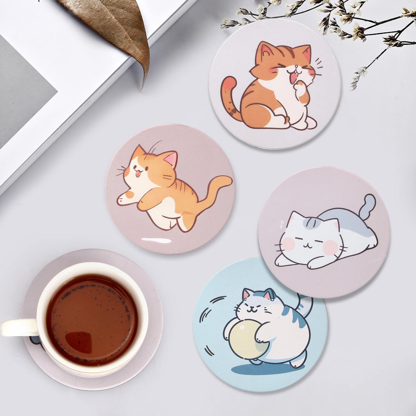 Cute Coaster Set of 6 Cat Lover Gift for Coffee Table Ceramic Coasters with Holder Drink Coaster Unique Cat Themed Gifts Kawaii Anime Decor Office Desk Beverage Coster Funny Cool Bar Cup Coasters