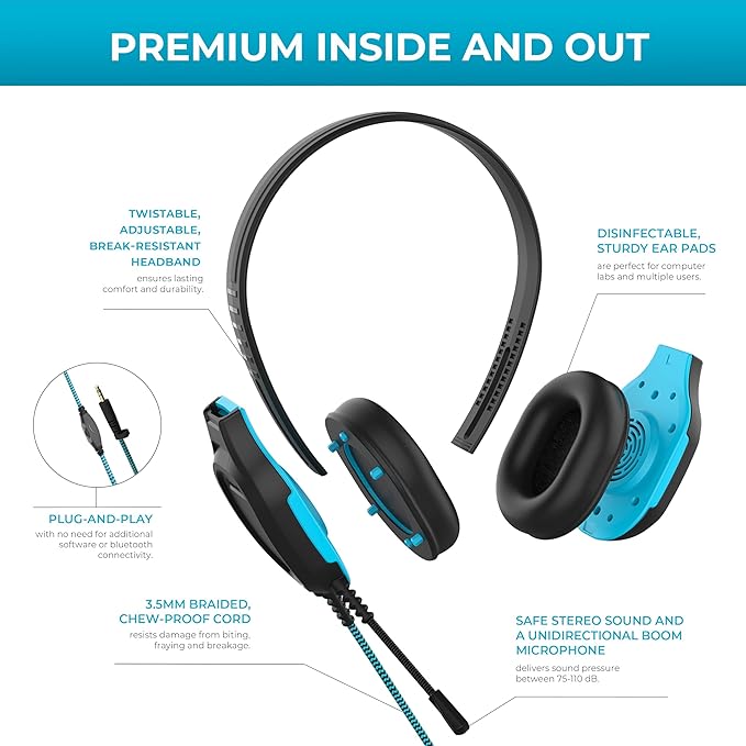 Gumdrop DropTech On-Ear Wired Headphones (10 case Pack) w/ 3.5 mm Chew-Proof Cord - Rugged, Reliable, Drop Tested and Comfortable for Kids, K-12 Students, Classroom and School Use - Black