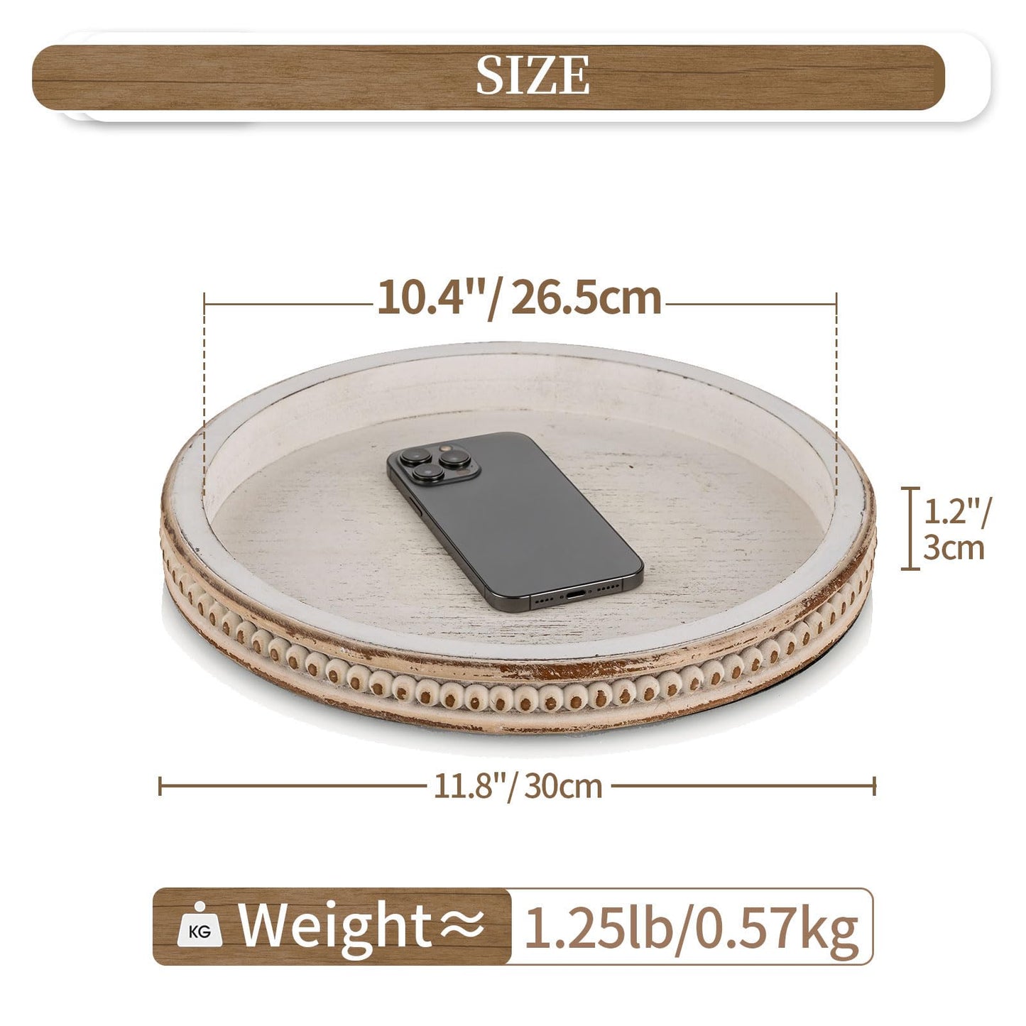 Hanobe Decorative Tray for Coffee Table: 10.5-Inch Round Whitewashed Wood Tray for Rustic Farmhouse Living Room Kitchen Island Entryway Home Decor