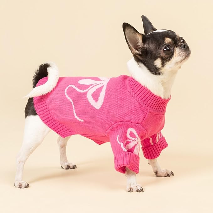 Fitwarm Bowknot Valentines Dog Sweater, Thermal Dog Winter Clothes for Small Dogs Girl, Charming Dog Valentines Outfit, Doggy Pullover Jumper, Holiday Pet Apparel, Pink, XL