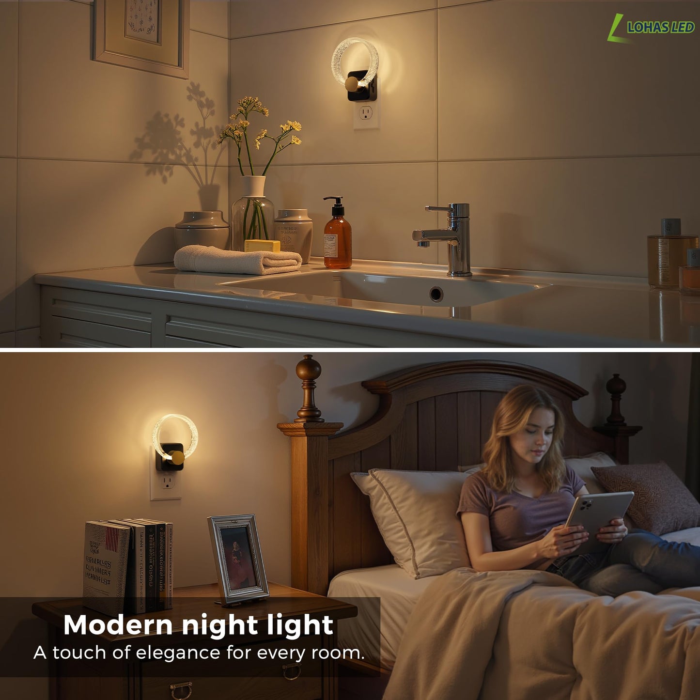 L LOHAS LED Night Lights Plug into Wall, 2 Pack Plug in Night Lights with Light Sensor, 3000K Soft White, 0-100LM Brightness Adjustable, Acrylic Nightlight for Bathroom Bedroom Hallway