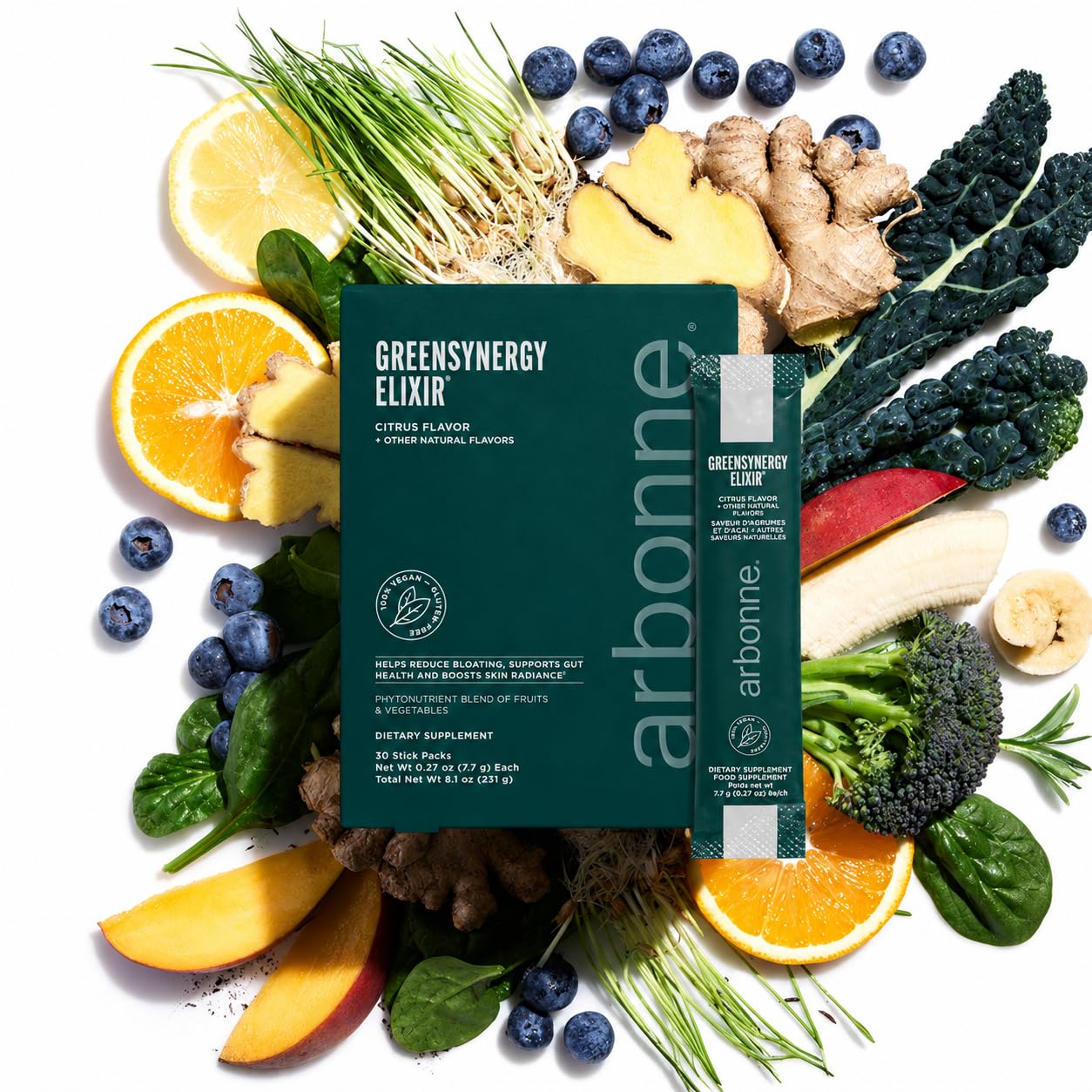 Arbonne Vegan Greens Powder – Citrus-Flavored GSE with 13 Digestive Enzymes, Vegan Collagen Builder, Probiotics, and Prebiotics – Gut Health and Skincare – 30 Stick Packs