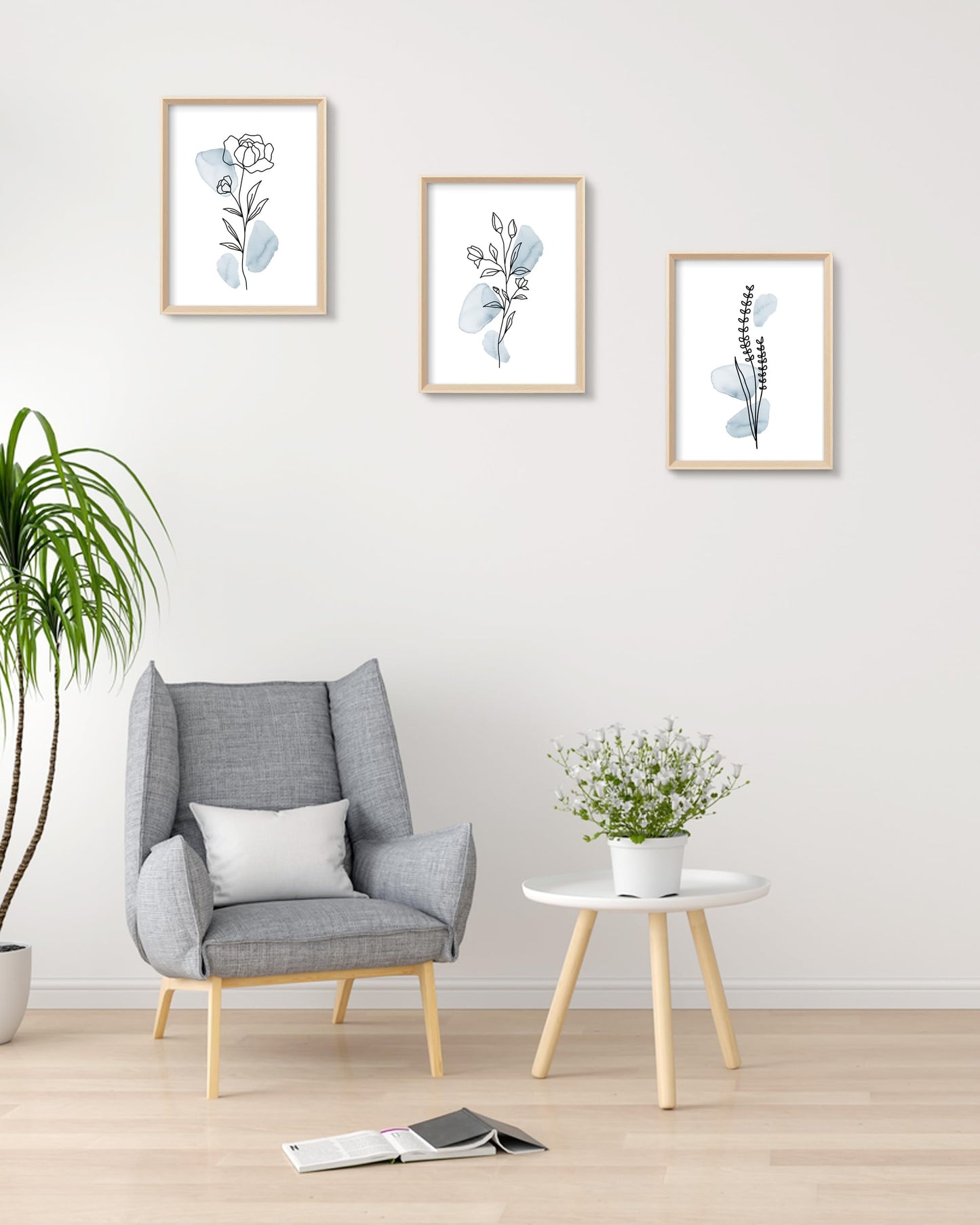 HesenDot Framed Blue Floral Canvas Wall Art,Minimalist Botanical Wall Art Decor,12x16IN Wood High Framed Prints,Boho Flowers Artworks Prints Posters for Living Room,Kitchen,Bedroom Set of 3