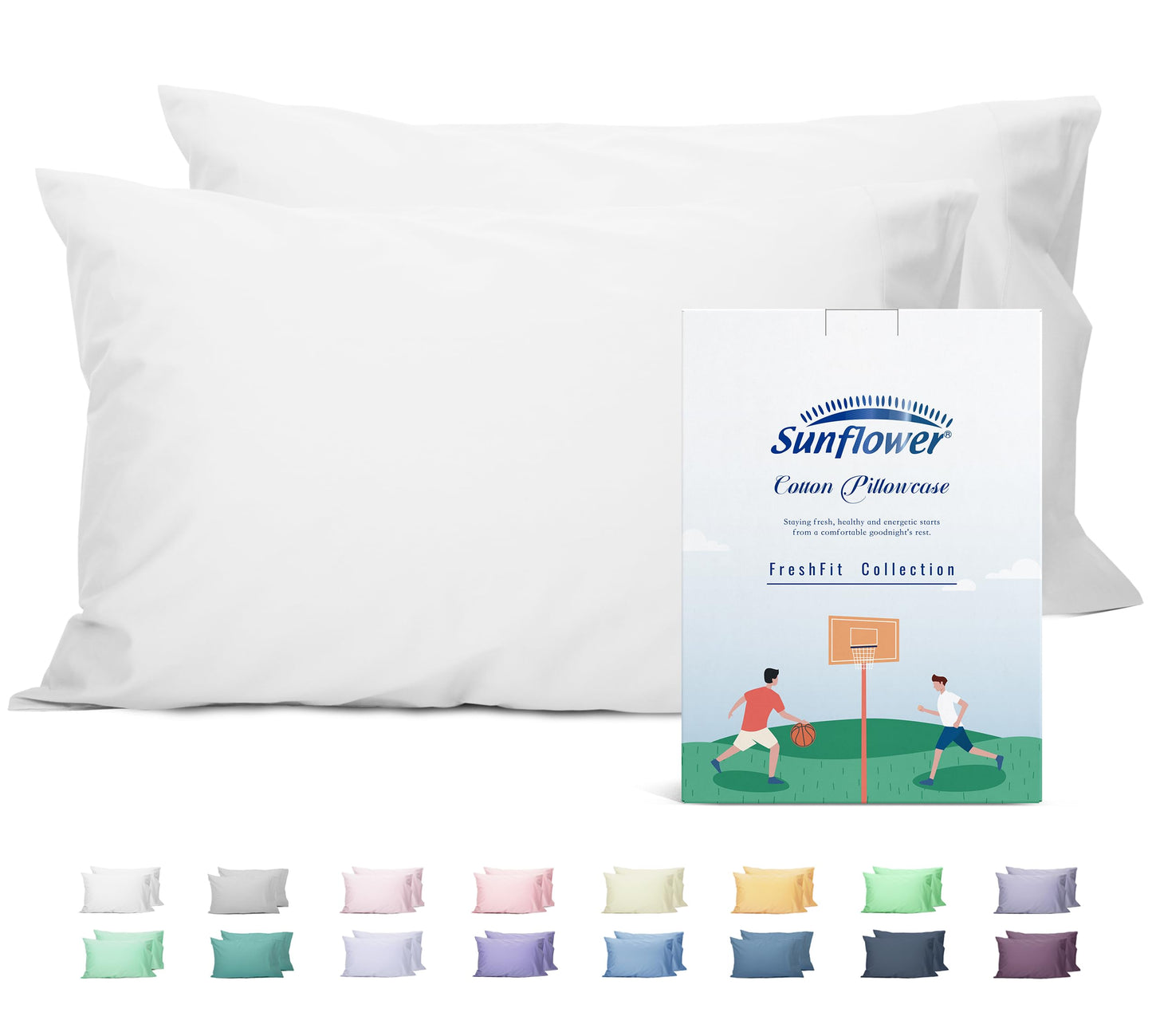 Sunflower King Pillowcases Set of 2, 100% Cotton King Pillow Cases 2, 20×40 inches Bright White, Soft and Breathable