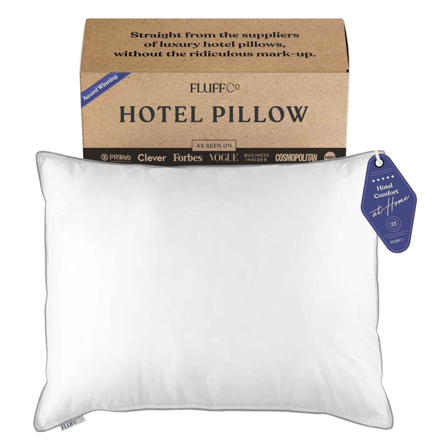 FluffCo Zen Fluff™ Down Alternative Bed Pillow - Luxury Hotel Quality - 300 TC Cotton Shell - Pillows for Side, Back, and Stomach Sleepers - Made in USA - Standard/Queen Size 20" x 28", 1-Pack, Soft