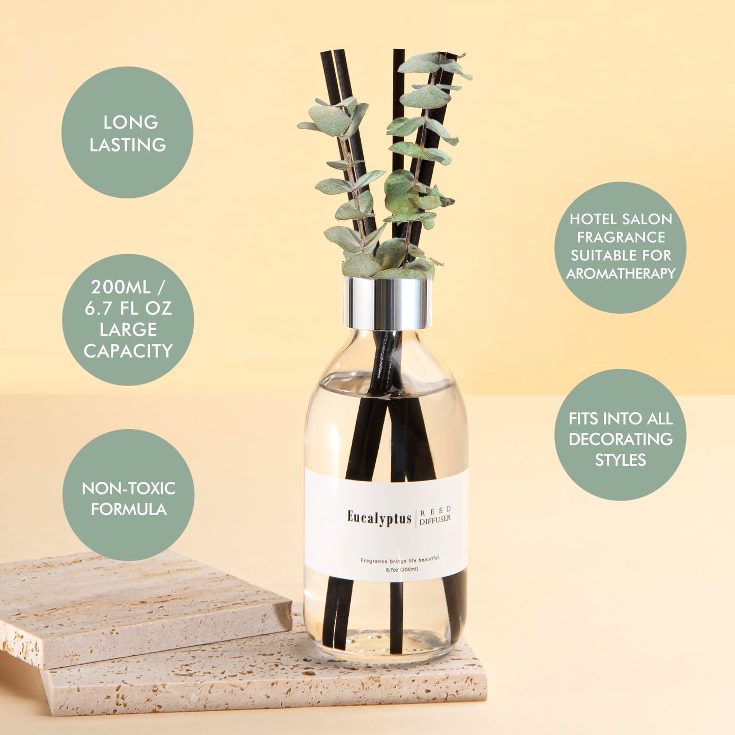Clesh Reed Diffuser Set, 6.7 oz Eucalyptus Scented Diffuser with Sticks, Home Fragrance Reed Diffuser for Bathroom Shelf Decor