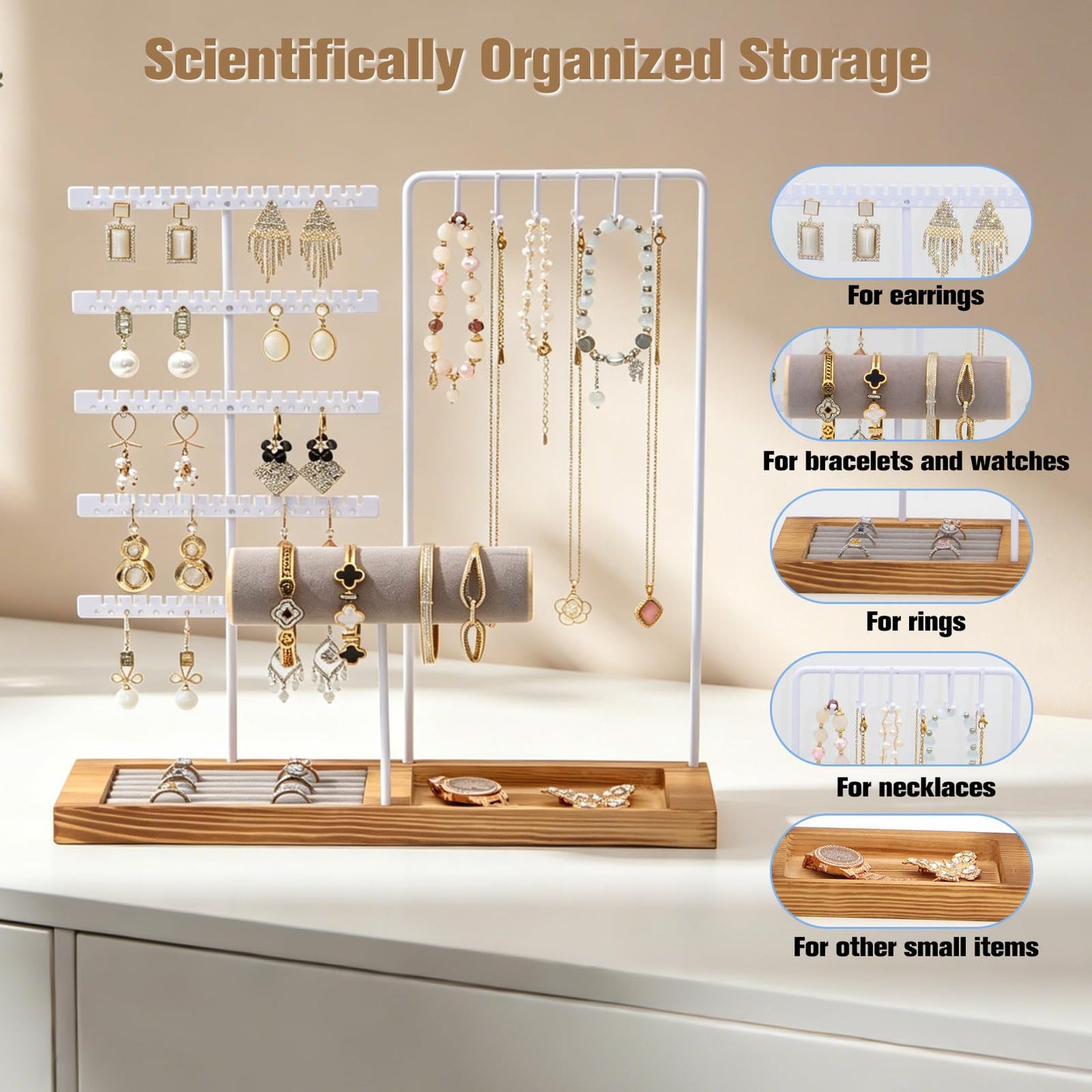 JONKASIPA Jewelry Stand Organizer with Tray, Wooden Base Necklace Rack Tower, Jewelry Display for Rings, Earrings, Bracelets – for Bedroom, Bathroom or Boutique-White