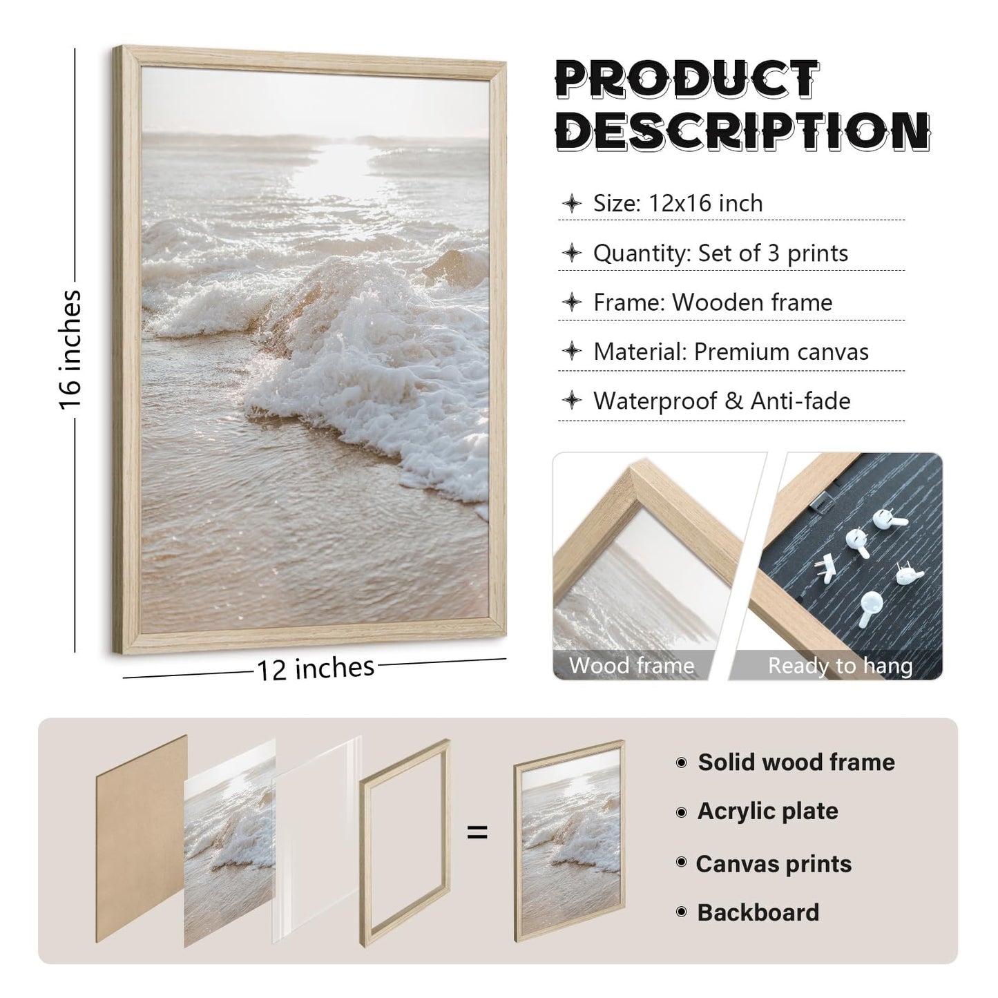 Beach Wall Art Decor Coastal Wall Art Pictures Ocean Canvas Wall Art Beige Beachy Wall Decor Boho Beach Prints Ocean Painting Coastal Artwork for Bedroom Living Room 12x16 Inch Wood Framed Set of 3