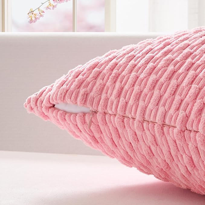 Kevin Textile Valentines Day Decorative Pillow Covers Set of 2 Striped Plush Corduroy Pillows Pillowcases Boho Home Decor Cushion Covers for Couch Sofa Bed Living Room 24x24 Inch, Pink